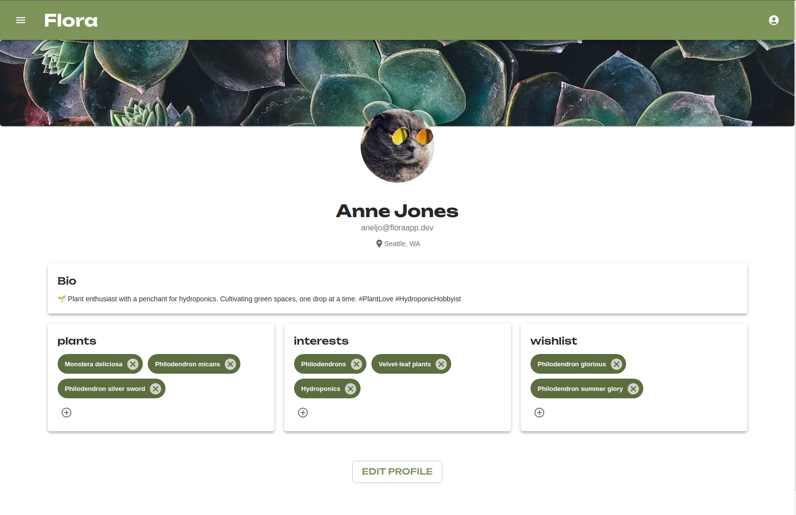Picture of a Flora user's profile page